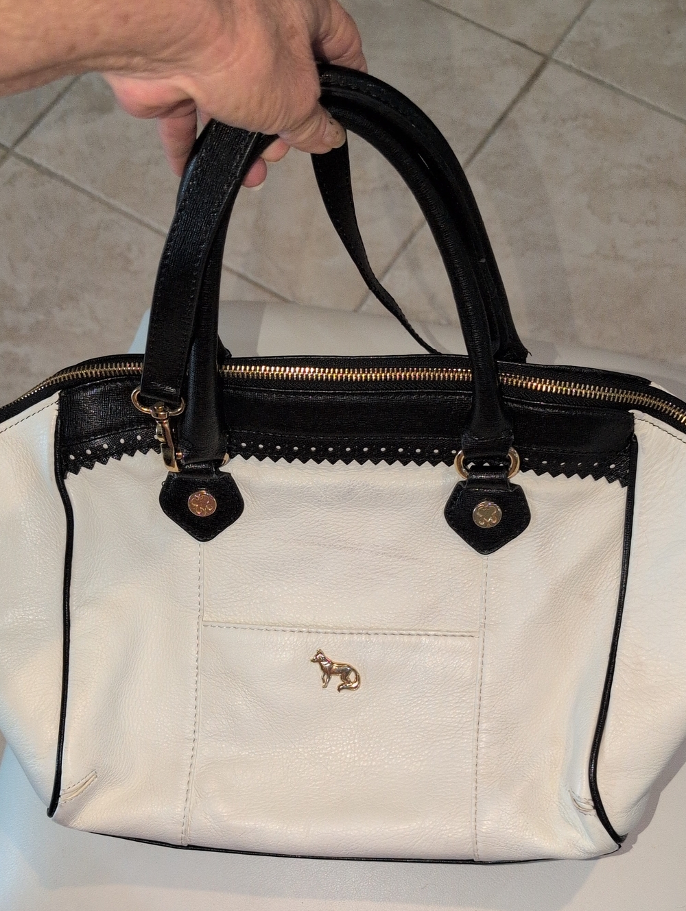 Two-Tone White and Black Women’s Satchel with Gold Fox Accent